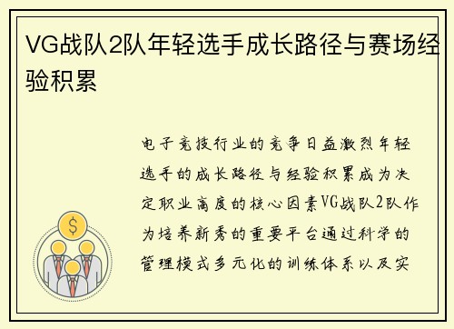 VG战队2队年轻选手成长路径与赛场经验积累